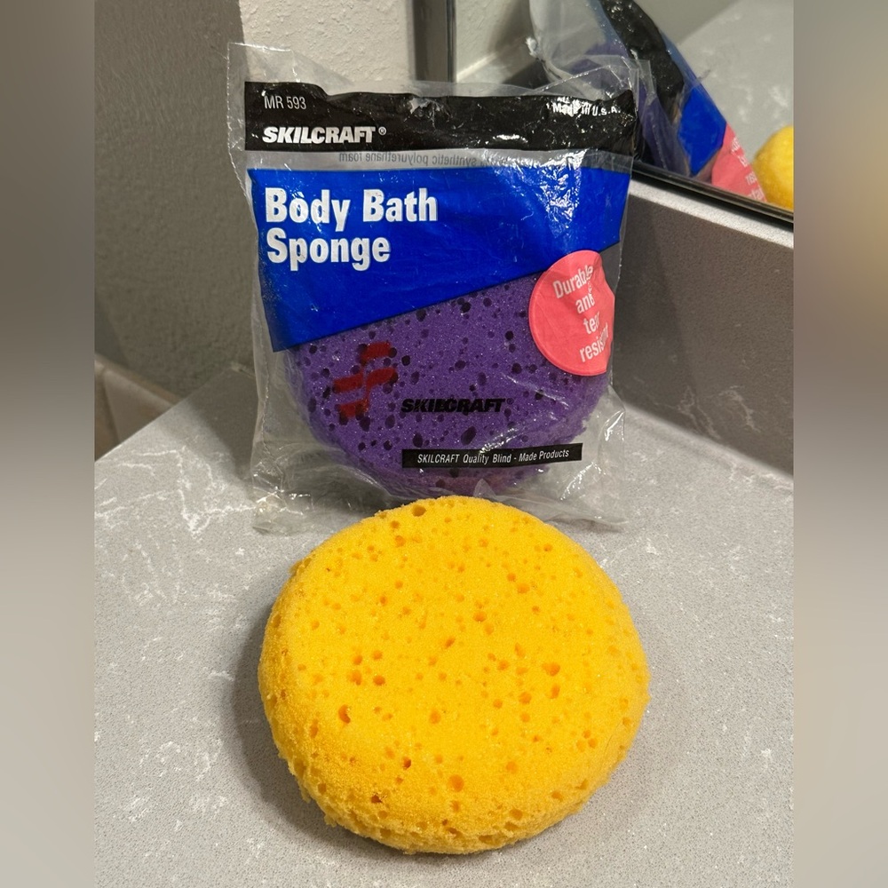 2 New Round Vintage Body Bath Sponges Purple (Skilcraft) & Yellow (No packaging)